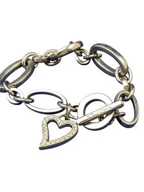 ST. JOHN Link Toggle Bracelet 8" Rhinestone Heart Charm Silver Tone Fashion